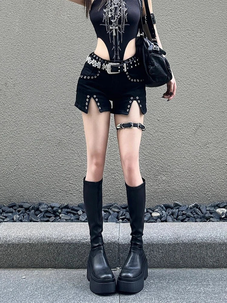 Goth Low Waist Denim Shorts for Y2K Aesthetic and Grunge Style Outfits