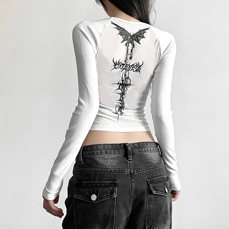 Gothic Angel Long Sleeve Top - Y2K Grunge Aesthetic Cute Crop Top for Edgy Fashion Lovers