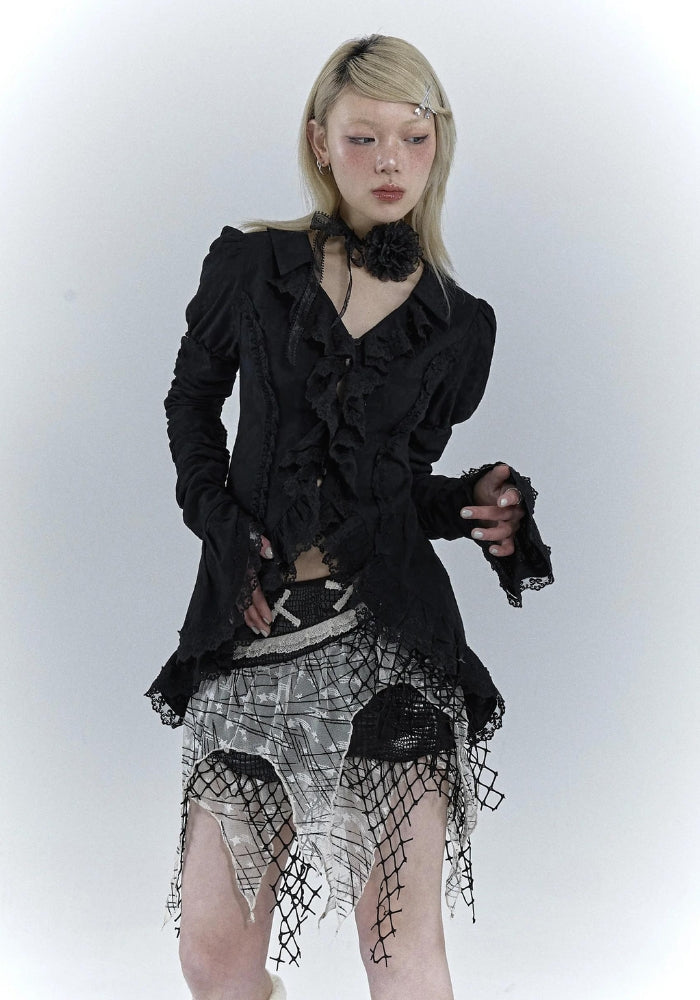 Gothic Asymmetric Ruched Sleeve Top - Y2K Grunge Aesthetic Shirt for Edgy Outfits