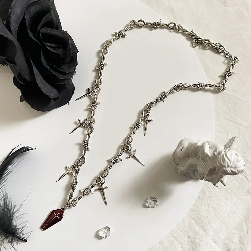 Gothic Coffin & Swords Necklace - Y2K Grunge Aesthetic Jewelry for Edgy Fashion Lovers