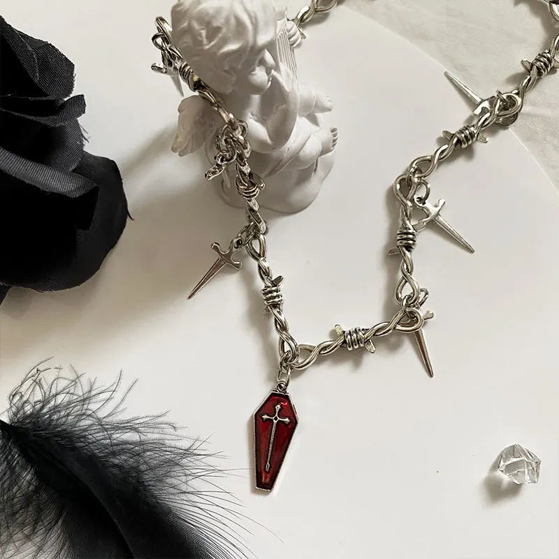 Gothic Coffin & Swords Necklace - Y2K Grunge Aesthetic Jewelry for Edgy Fashion Lovers