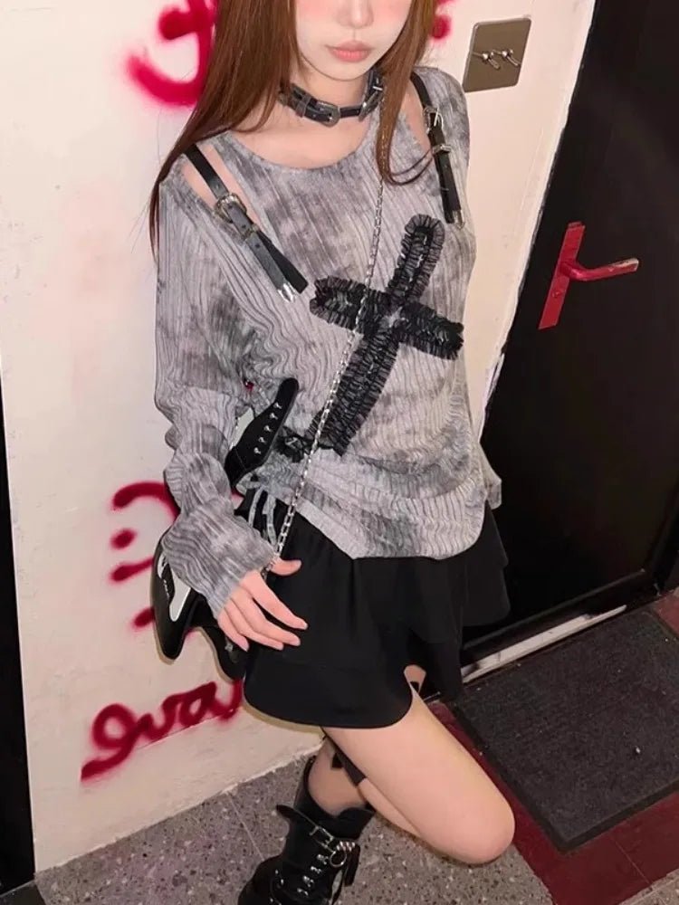 Gothic Cross Strap Top - Y2K Grunge Aesthetic Crop Top for Edgy Fashion Lovers