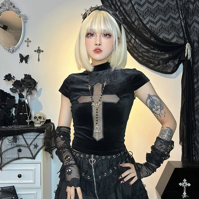 Gothic Dark Cross Graphic Tee - Y2K Aesthetic Grunge Style Top for Edgy Fashion Lovers