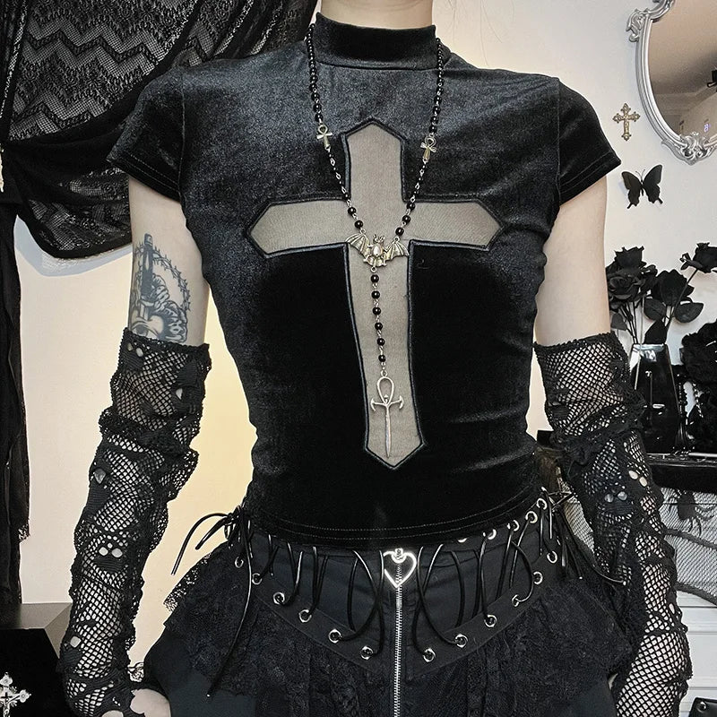 Gothic Dark Cross Graphic Tee - Y2K Aesthetic Grunge Style Top for Edgy Fashion Lovers