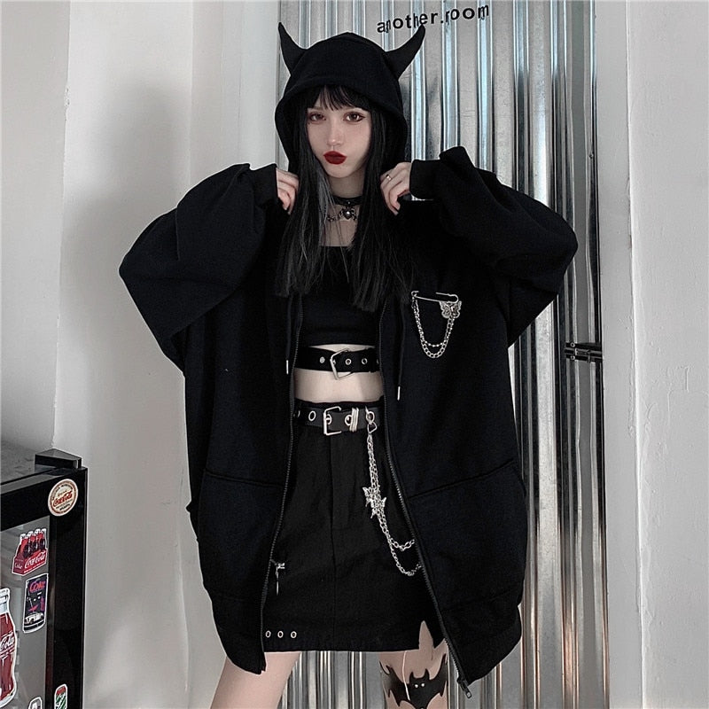 Gothic Devil Horns Y2K Zip Up Hoodie - Edgy Grunge Style for Aesthetic Outfits