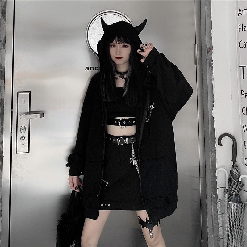 Gothic Devil Horns Y2K Zip Up Hoodie - Edgy Grunge Style for Aesthetic Outfits