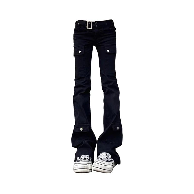 Gothic Flare Cargo Jeans - Y2K Grunge Style with Edgy Aesthetic Appeal