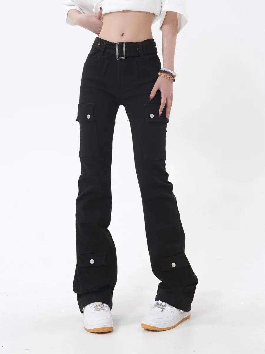 Gothic Flare Cargo Jeans - Y2K Grunge Style with Edgy Aesthetic Appeal