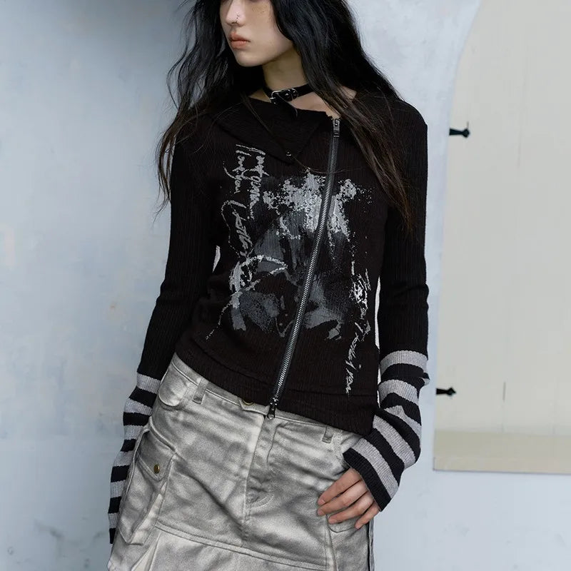 Gothic Graffiti Zipper Longsleeve Top - Y2K Grunge Aesthetic for Edgy Fashion Lovers