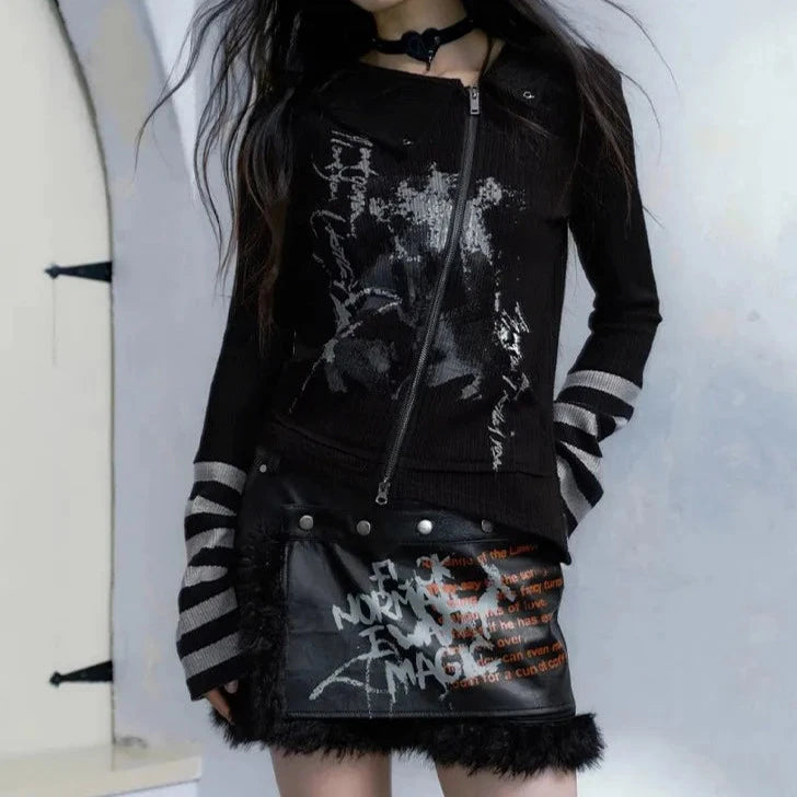 Gothic Graffiti Zipper Longsleeve Top - Y2K Grunge Aesthetic for Edgy Fashion Lovers