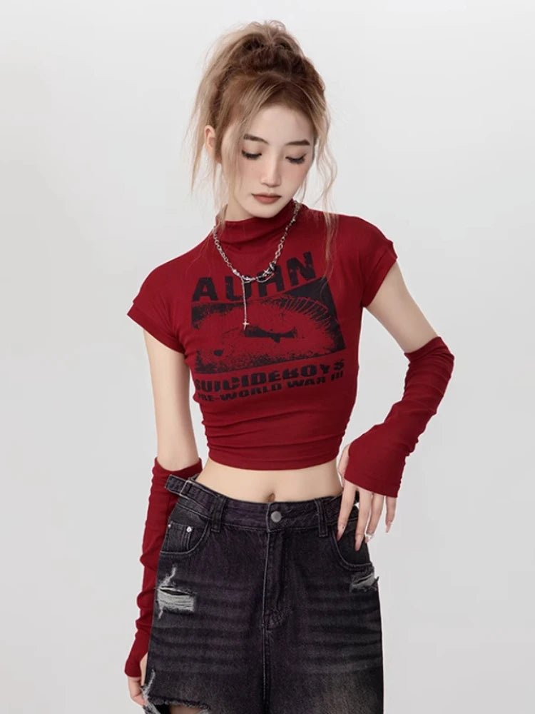 Gothic Graphic Mock Neck Crop Top - Y2K Aesthetic Grunge Style Cute Top for Edgy Fashion