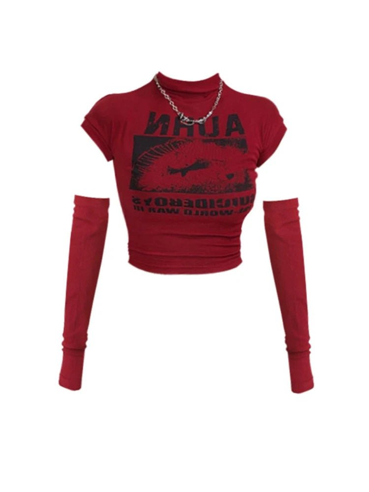 Gothic Graphic Mock Neck Crop Top - Y2K Aesthetic Grunge Style Cute Top for Edgy Fashion