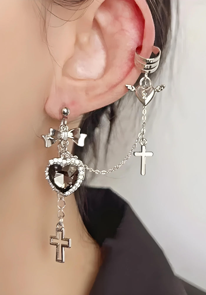 Gothic Heart Cross Chain Earrings - Edgy Grunge Aesthetic Jewelry for Alternative Fashion