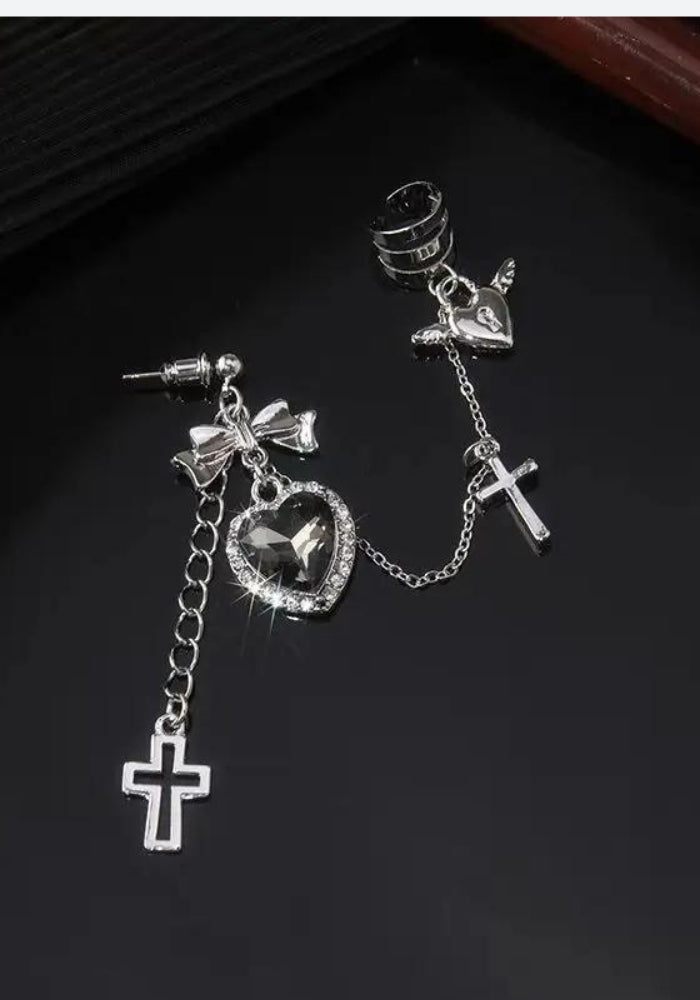 Gothic Heart Cross Chain Earrings - Edgy Grunge Aesthetic Jewelry for Alternative Fashion