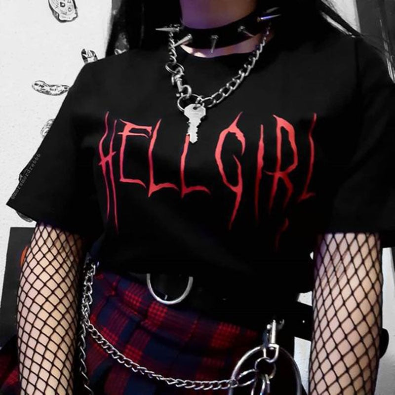 Gothic Hell Girl Top - Y2K Grunge Aesthetic Tee for Edgy Fashion Lovers