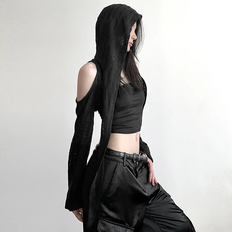 Gothic Hooded Crop Top - Y2K Grunge Aesthetic with Cozy Style and Edgy Vibes