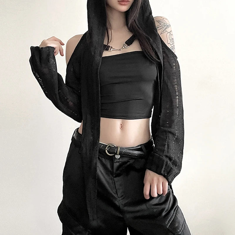 Gothic Hooded Crop Top - Y2K Grunge Aesthetic with Cozy Style and Edgy Vibes