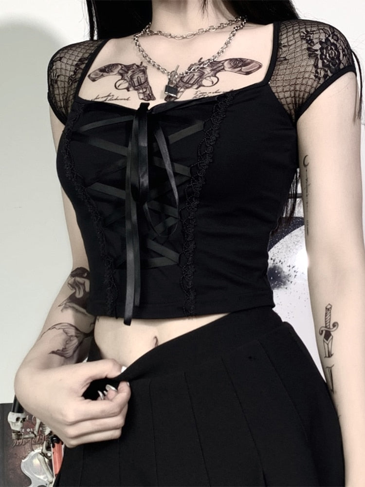 Gothic Lace Top: Y2K Grunge Style with Elegant Dark Aesthetic for Unique Outfits