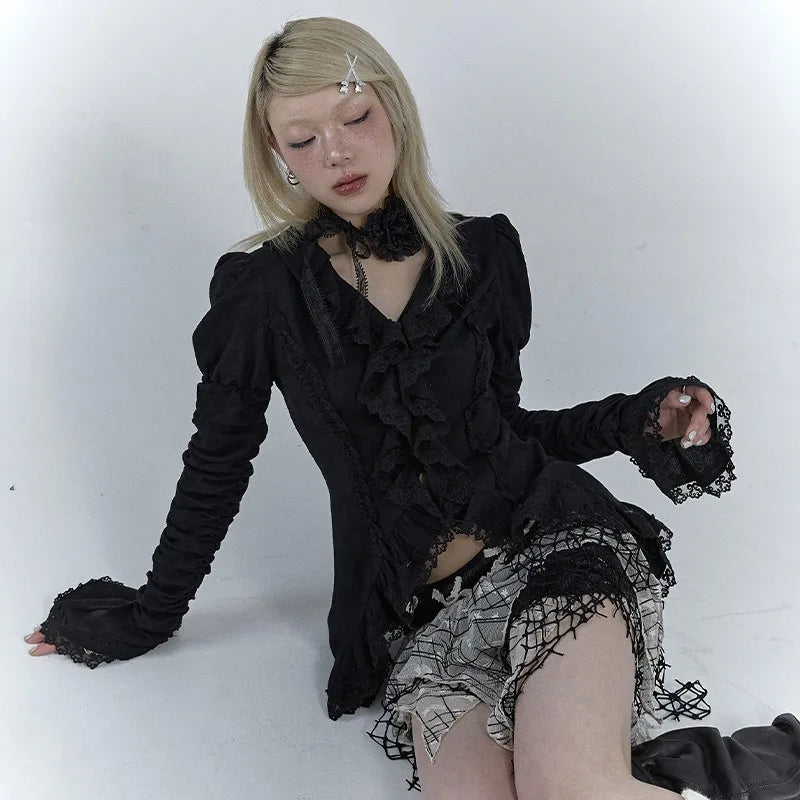 Gothic Lace V-Neck Blouse - Y2K Aesthetic Top for Grunge and Coquette Style Outfits