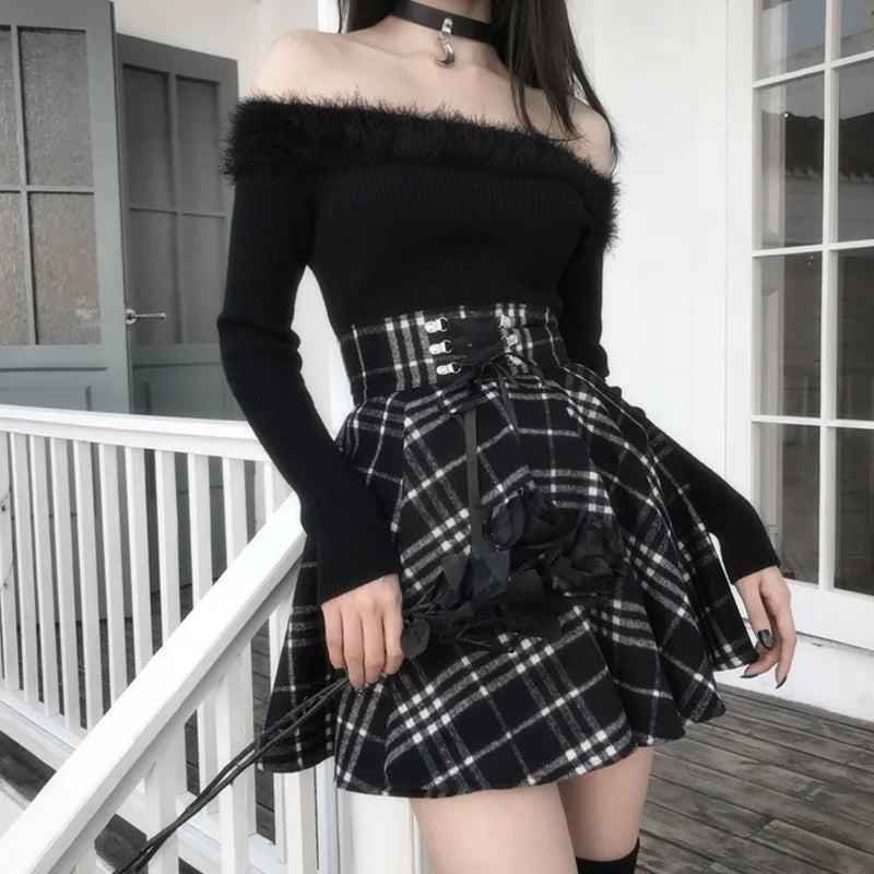 Gothic Lolita Plaid Skirt - Y2K Aesthetic Grunge Style with Coquette Charm