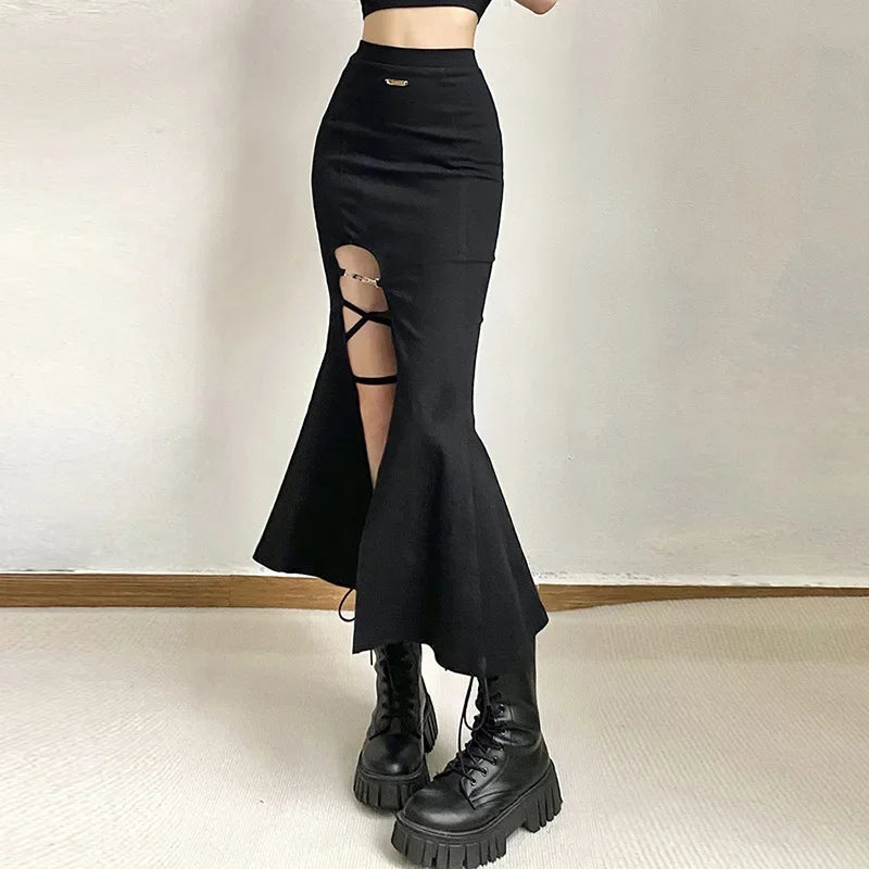 Gothic Long Flared Skirt - Y2K Grunge Aesthetic with Vintage Charm and Elegant Flow