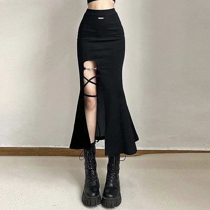 Gothic Long Flared Skirt - Y2K Grunge Aesthetic with Vintage Charm and Elegant Flow