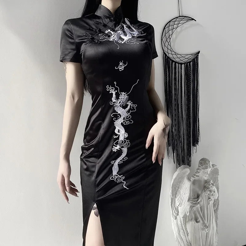 Gothic Retro Cheongsam Dress with Y2K Aesthetic and Grunge Style Elements