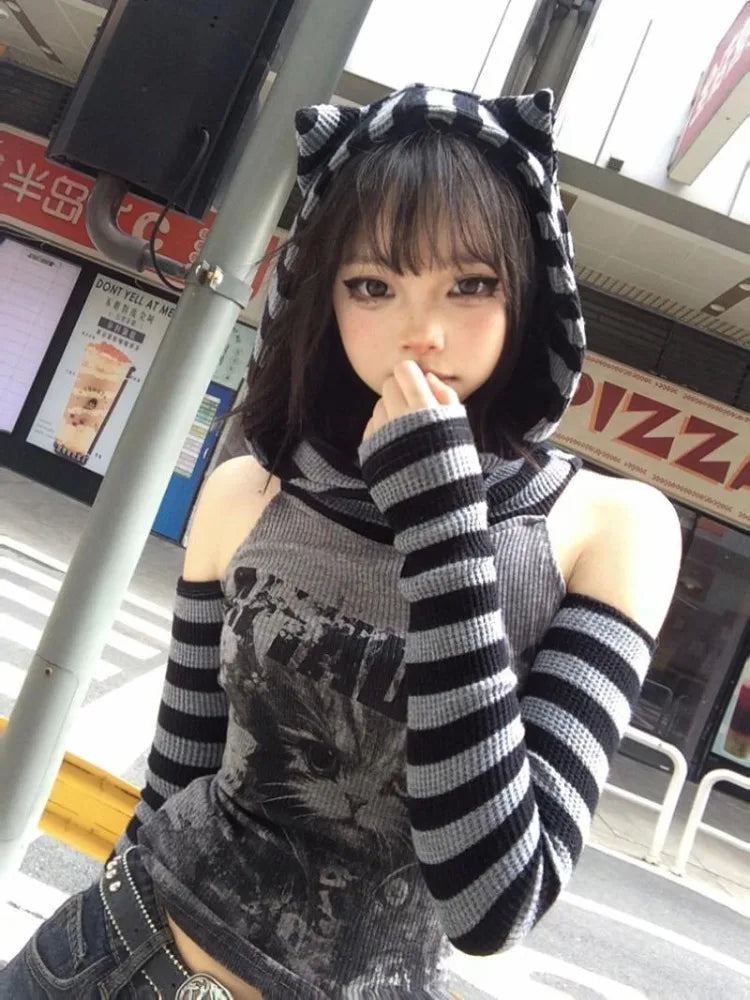 Gothic Striped Cat Hoodie - Y2K Aesthetic Cute Hoodie for Grunge and Coquette Styles