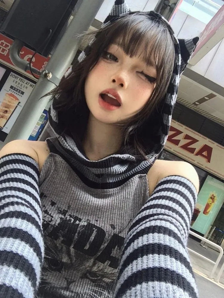 Gothic Striped Cat Hoodie - Y2K Aesthetic Cute Hoodie for Grunge and Coquette Styles