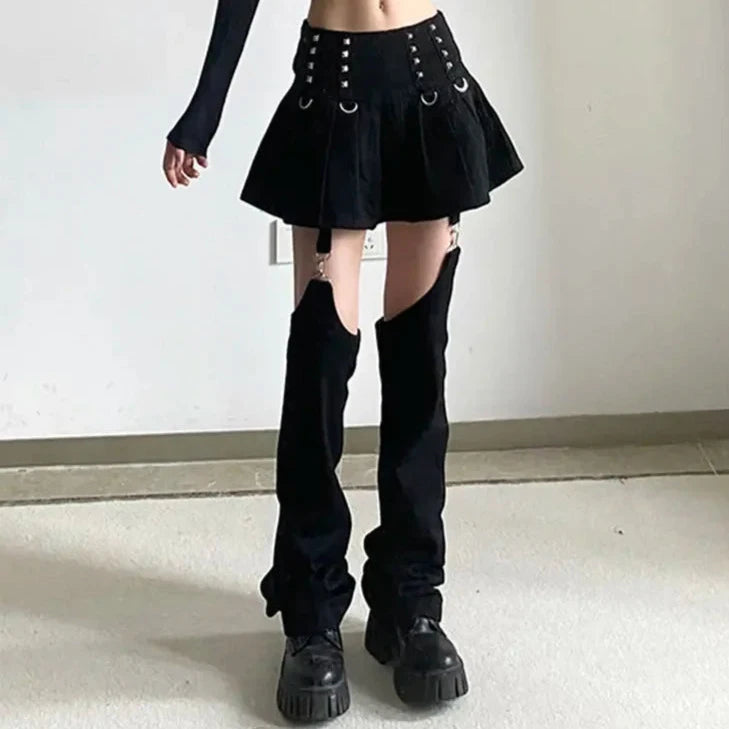 Gothic Y2K Aesthetic Outfit Set - Mini Skirt, Leg Warmers, and Stylish Handbag