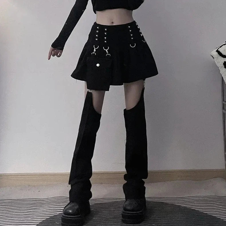 Gothic Y2K Aesthetic Outfit Set - Mini Skirt, Leg Warmers, and Stylish Handbag