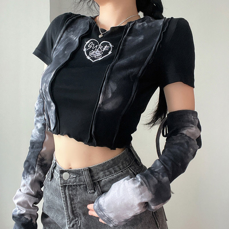 Gothic Y2K Aesthetic Top with Arm Warmers for Edgy Grunge Style Outfits