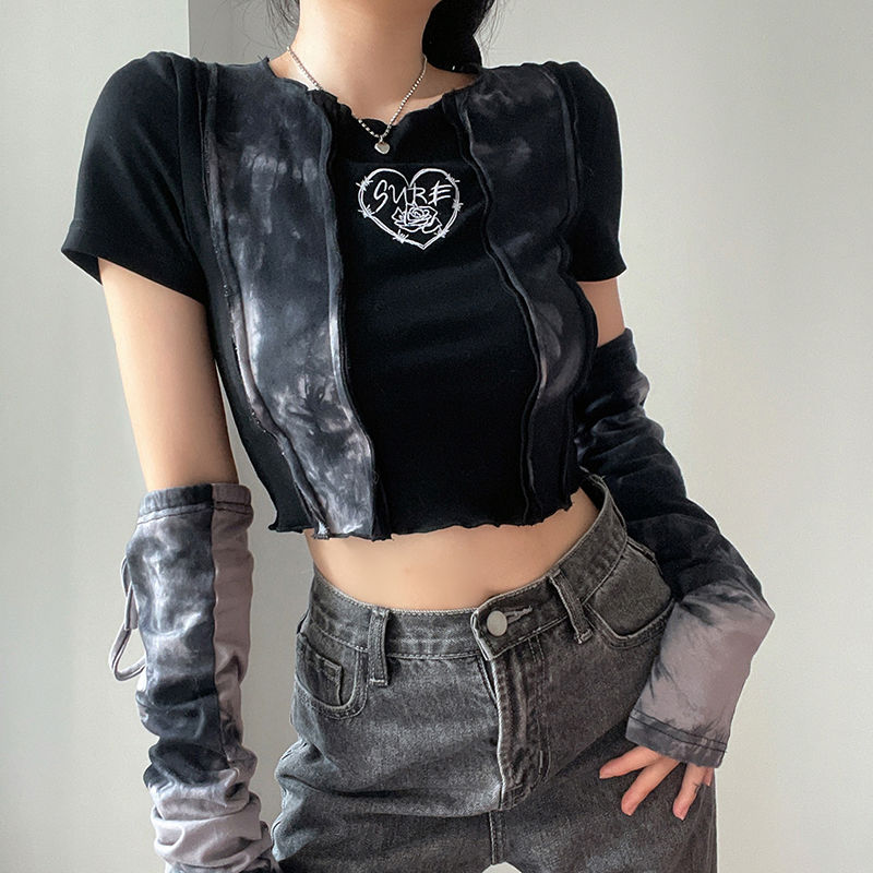 Gothic Y2K Aesthetic Top with Arm Warmers for Edgy Grunge Style Outfits