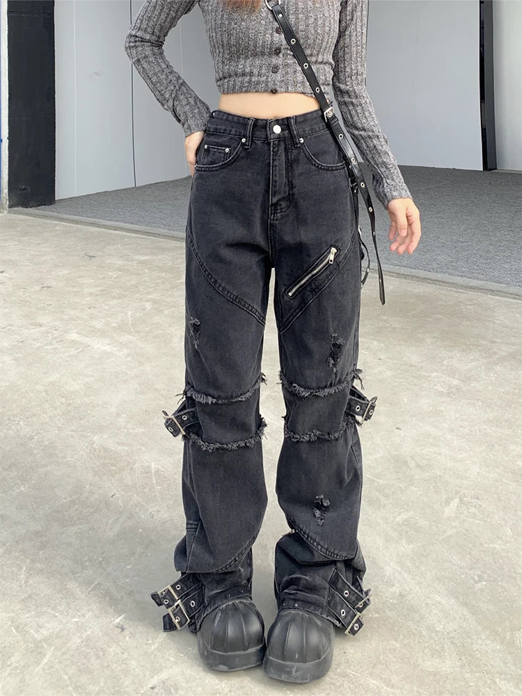 Gothic Y2K High-Waisted Denim Pants for Grunge Aesthetic and Vintage Style