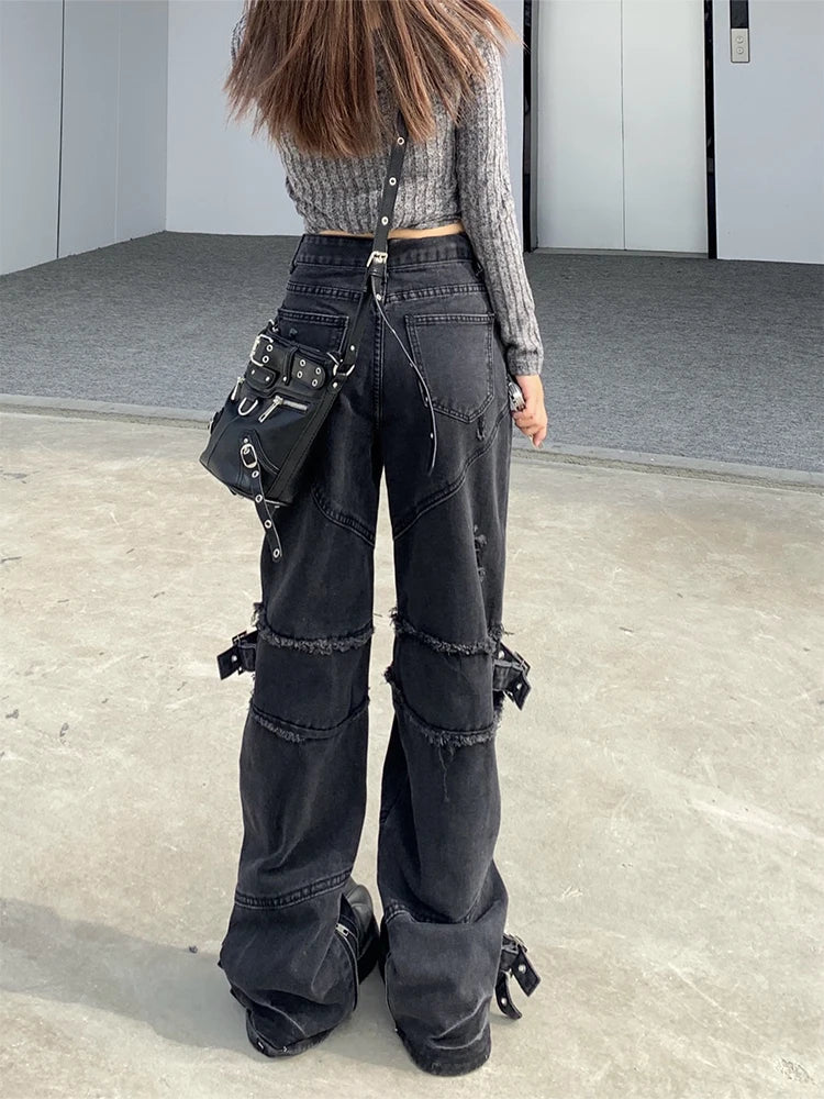 Gothic Y2K High-Waisted Denim Pants for Grunge Aesthetic and Vintage Style