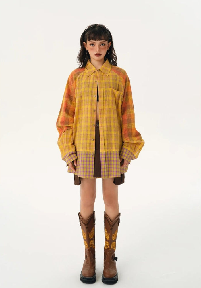 Grunge Aesthetic Multi-Pattern Plaid Shirt for Y2K Fashion Lovers