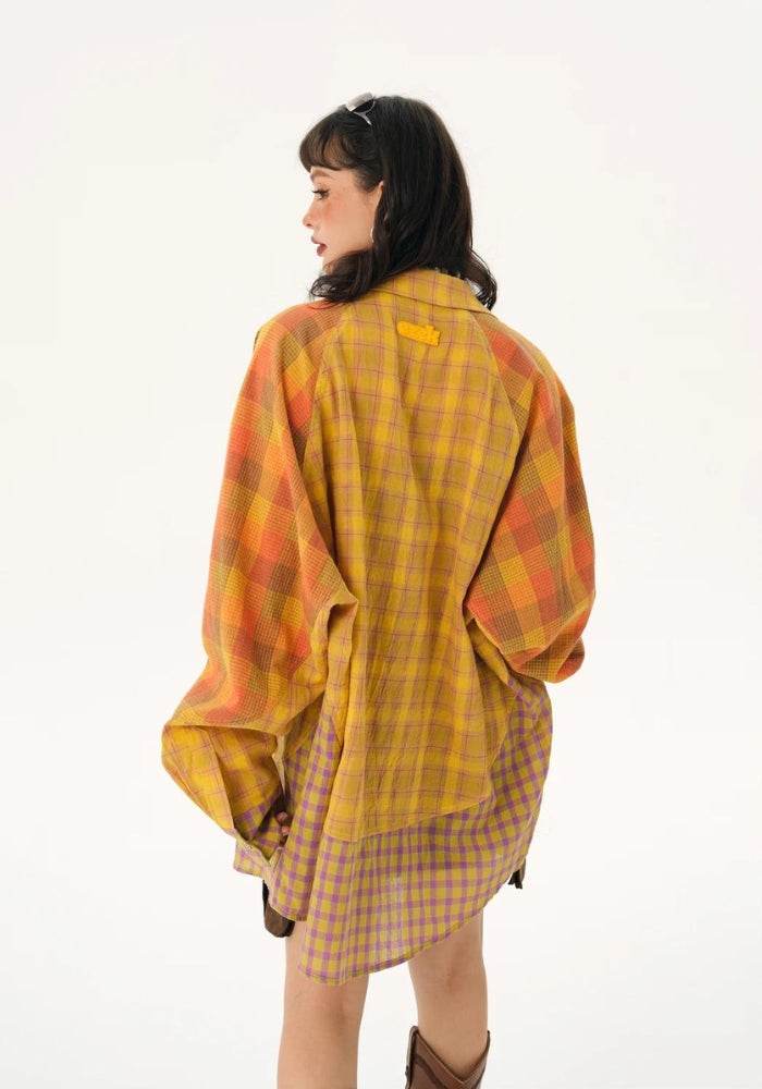 Grunge Aesthetic Multi-Pattern Plaid Shirt for Y2K Fashion Lovers