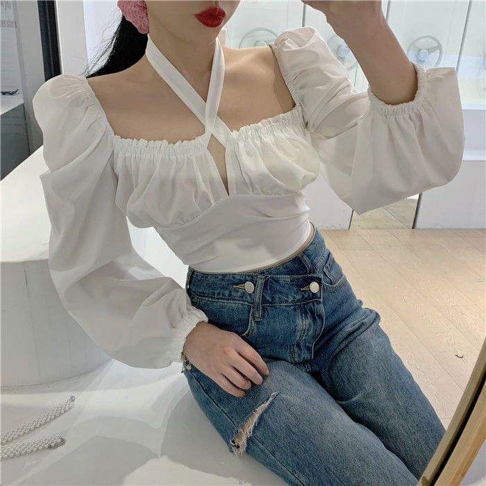 Hanging Neck Square Collar Y2K Style Sexy Cropped Blouse for Trendy Aesthetic Outfits