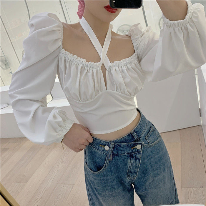 Hanging Neck Square Collar Y2K Style Sexy Cropped Blouse for Trendy Aesthetic Outfits