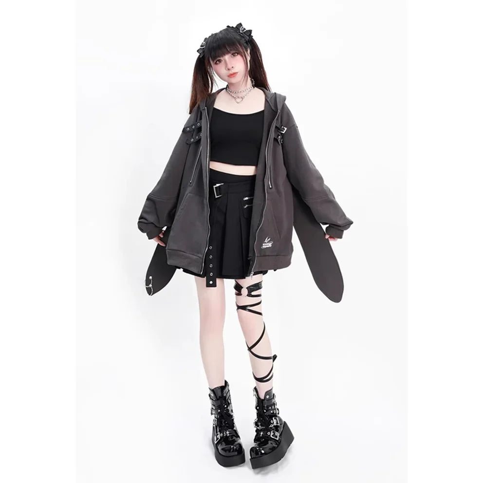 Harajuku Bunny Ears Y2K Zip Hoodie - Cute Aesthetic Layering for Coquette Style