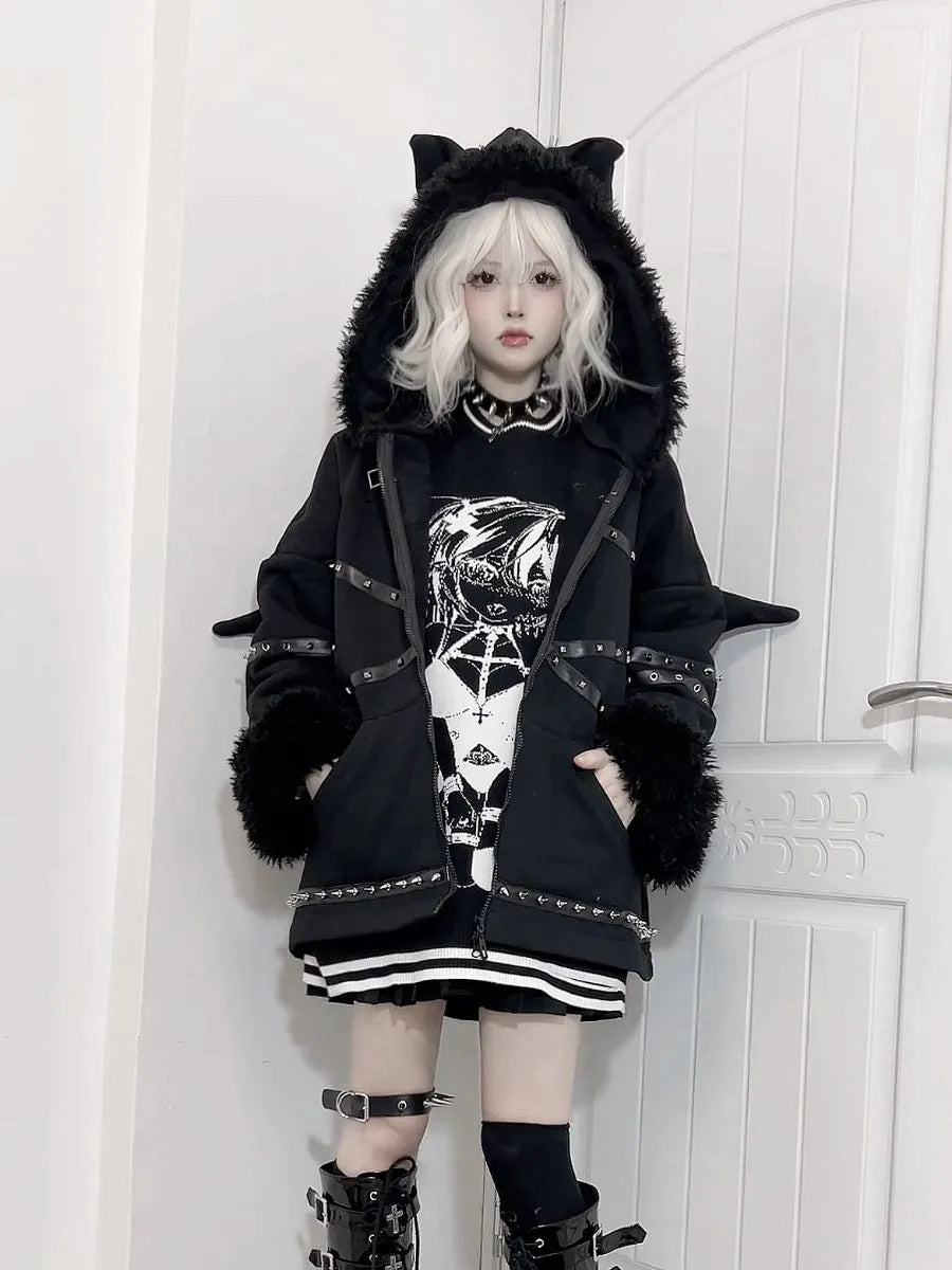 Harajuku Emo Bat Ears & Wings Hoodie - Y2K Aesthetic Cute Layering Top