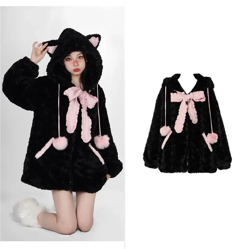 Harajuku Goth Cat Ears Coat - Y2K Aesthetic Outerwear for Edgy Fashion Lovers