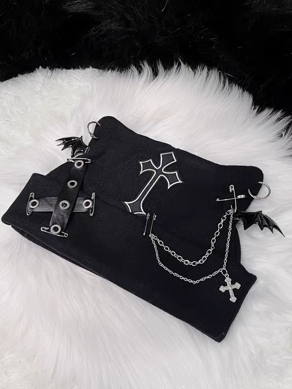 Harajuku Goth Y2K Visual Kei Cat Ear Beanie with Cross Chains and Bat Wing Details