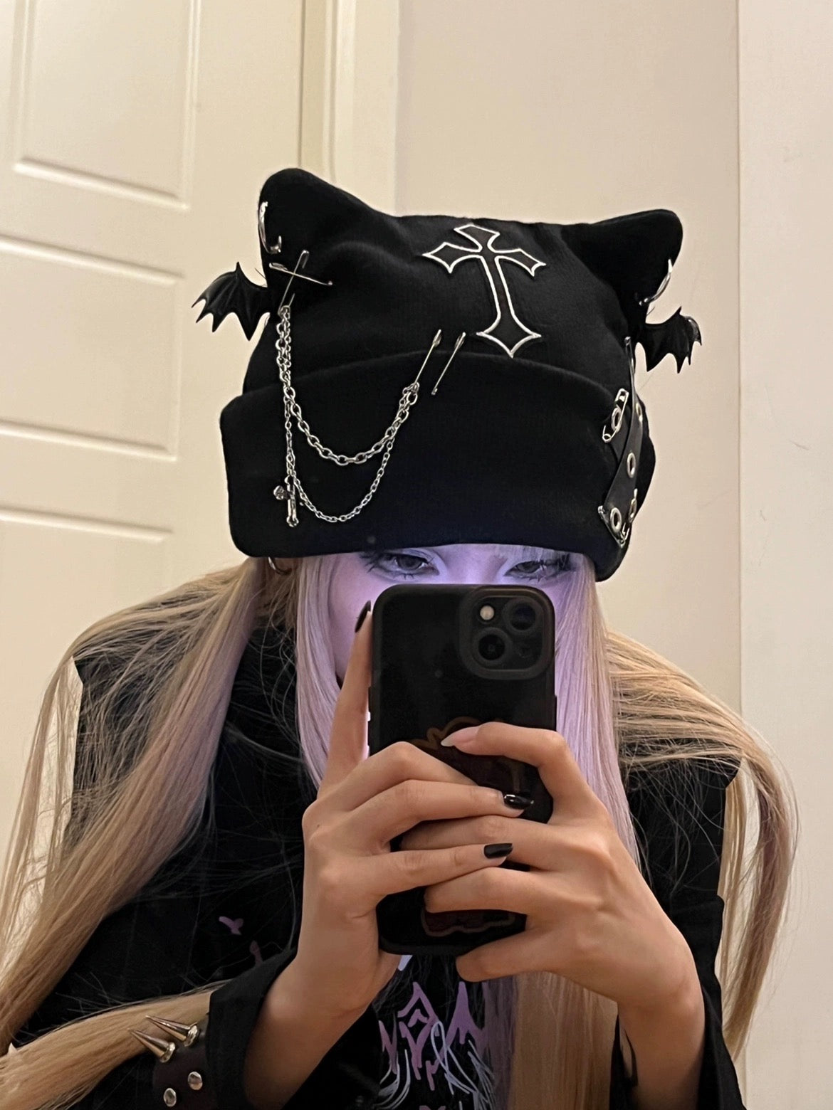 Harajuku Goth Y2K Visual Kei Cat Ear Beanie with Cross Chains and Bat Wing Details