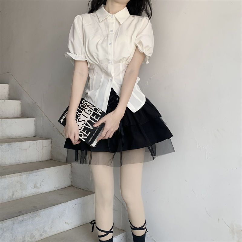 Harajuku Japanese Fashion Slim Fitted Blouse with Bow - Y2K Aesthetic School Uniform Style