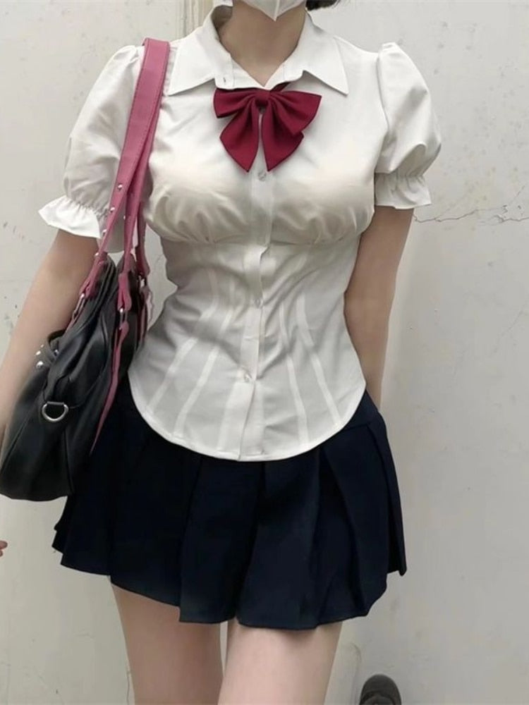 Harajuku Japanese Fashion Slim Fitted Blouse with Bow - Y2K Aesthetic School Uniform Style