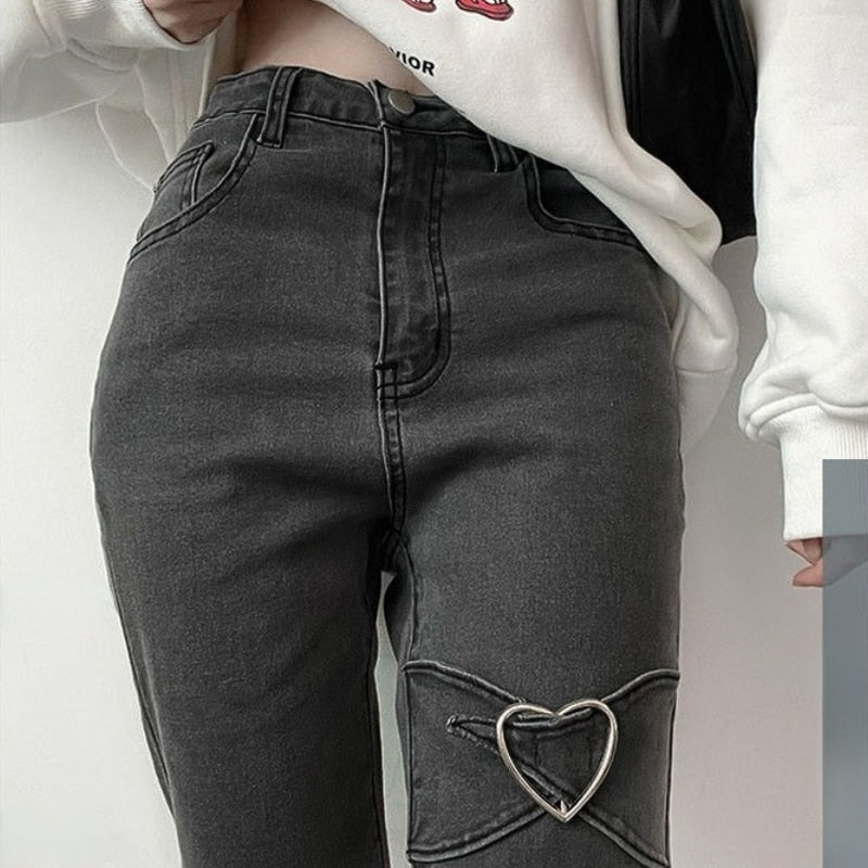 Harajuku Korean Y2K 90s High-Waisted Gray Flared Jeans for Trendy Aesthetic Outfits