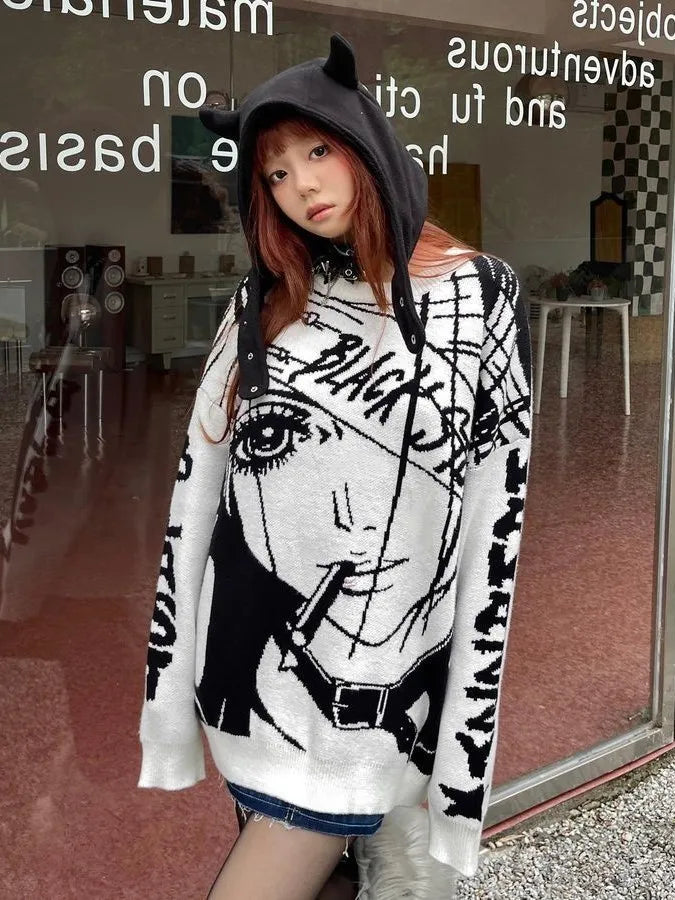 Harajuku Oversized Black Stones Sweater - Y2K Grunge Aesthetic Cozy Top