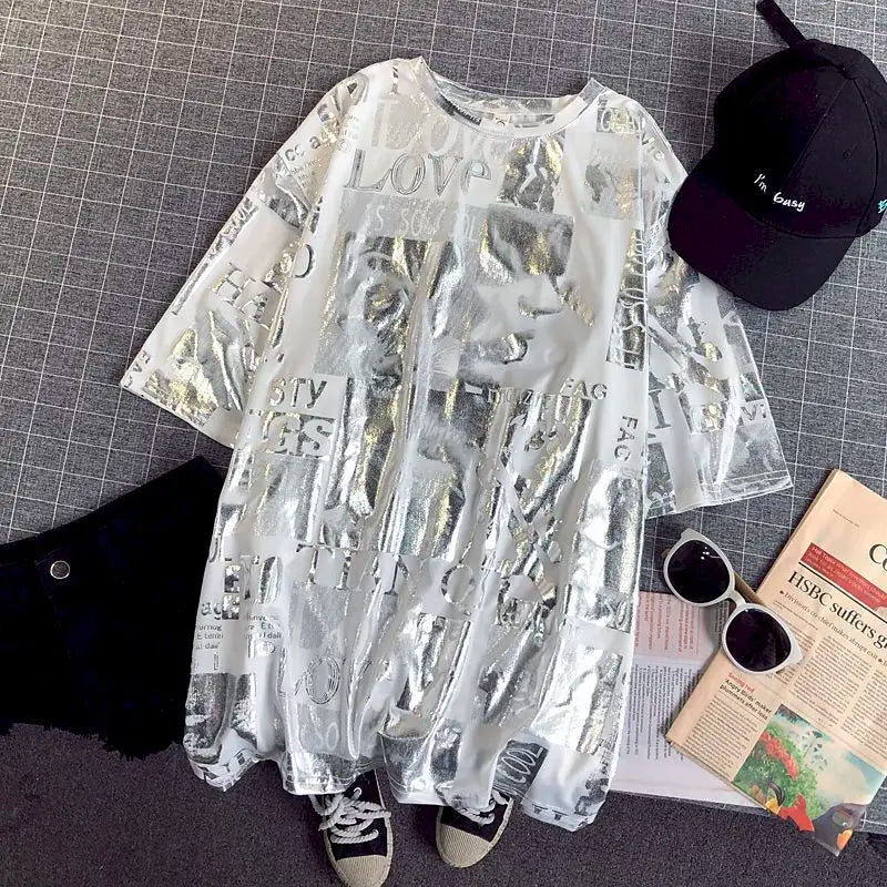 Harajuku Oversized Silver T-Shirt - Y2K Aesthetic Tee for Trendy Street Style