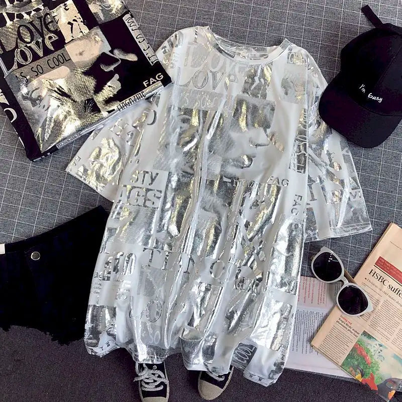 Harajuku Oversized Silver T-Shirt - Y2K Aesthetic Tee for Trendy Street Style